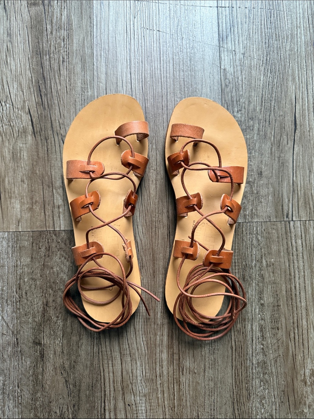 GES Women's Brown Genuine Leather Boho Lace-Up Gladiator Sandals made in Greece